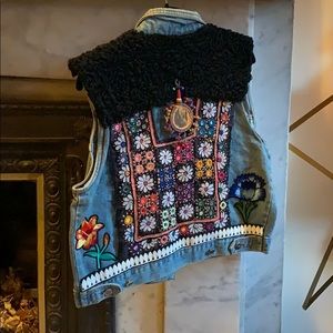 Designer hand embellished real fur denim vest